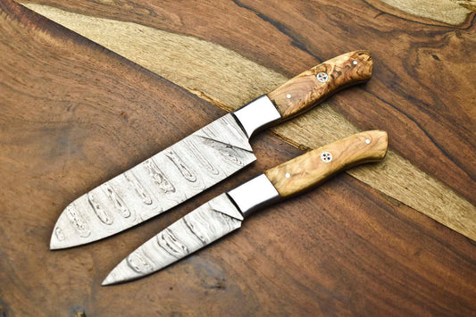 Set of 2 Handmade Damascus Steel Chef Knives – Full Tang Custom Kitchen Cutlery
