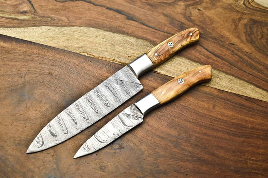 Set of 2 Handmade Damascus Steel Chef Knives – Full Tang Kitchen Blades