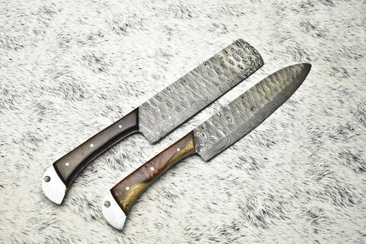 Set of 2 Handmade Damascus Steel Chef Knives | Full Tang Kitchen Cutlery Set
