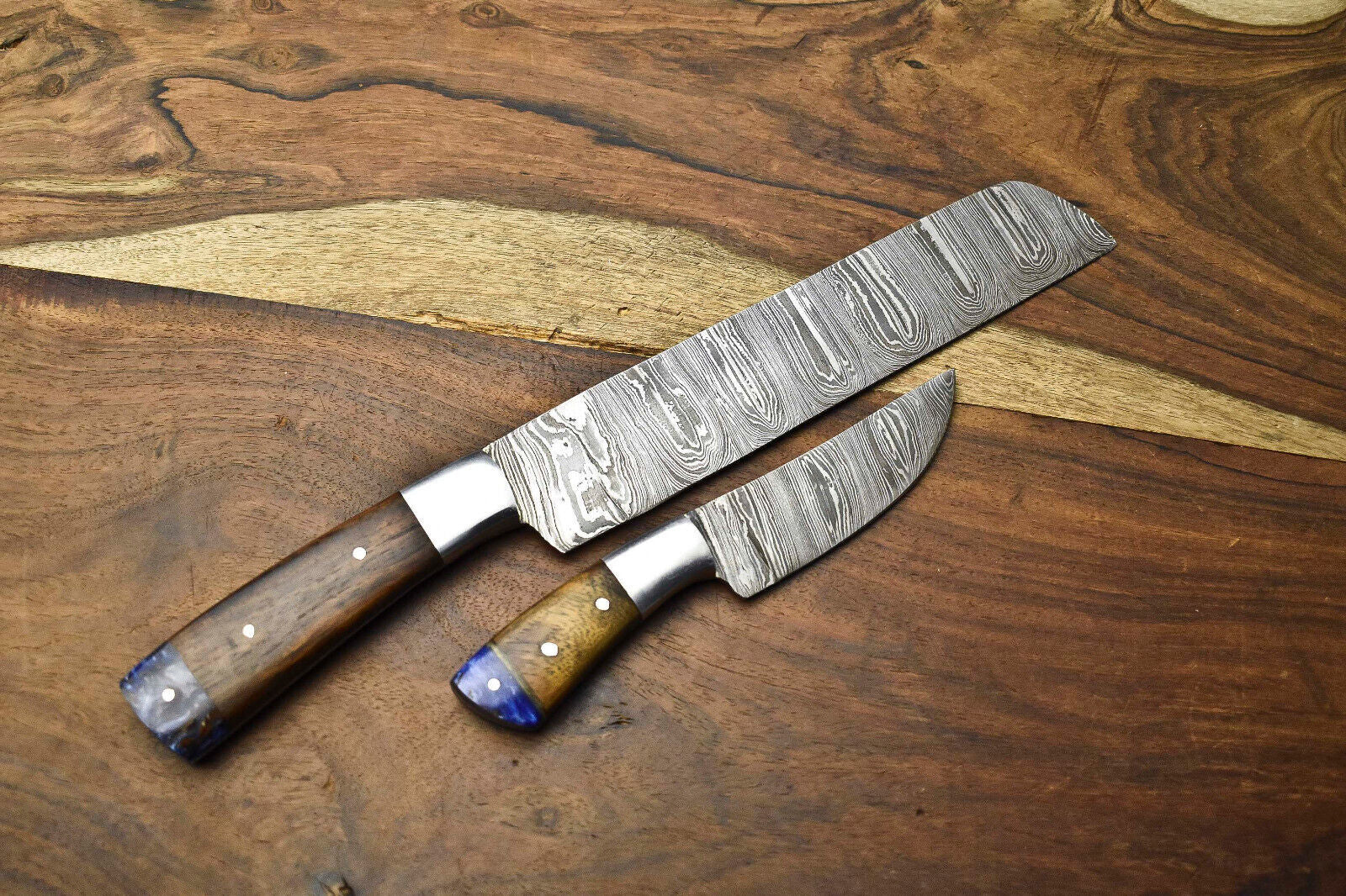 Set of 2 Handmade Damascus Steel Chef Knives | Full Tang Kitchen Knife Set