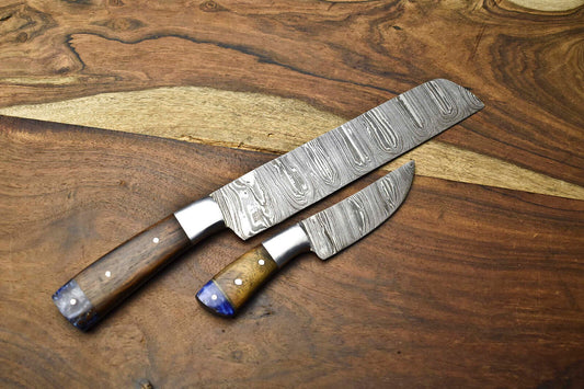 Set of 2 Handmade Damascus Steel Chef Knives | Full Tang Kitchen Knife Set