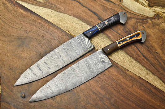 Set of 2 Handmade Damascus Steel Chef Knives – Professional Cutlery Kitchen Knife Set