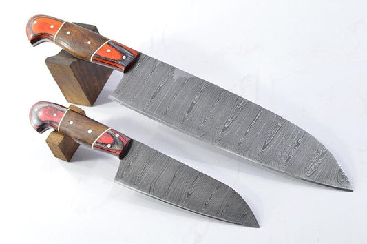 Set of 2 Handmade Damascus Steel Full Tang Chef Knives – Custom Forge Kitchen Cutlery