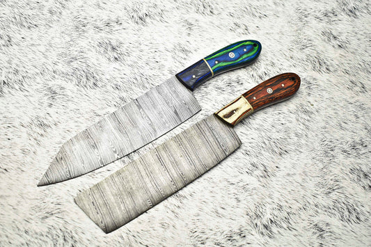 Set of 2 Handmade Damascus Steel Full Tang Chef Knives – Professional Kitchen Knife Set