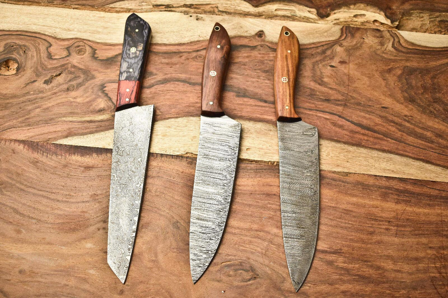 Set of 3 Custom Handmade Damascus Steel Chef Knives – Full Tang Kitchen Blades