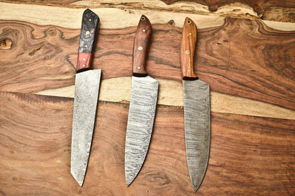 Set of 3 Custom Handmade Damascus Steel Chef Knives – Full Tang Kitchen Blades