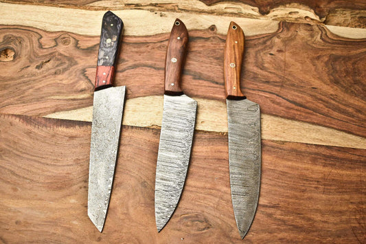 Set of 3 Custom Handmade Damascus Steel Chef Knives – Full Tang Kitchen Blades