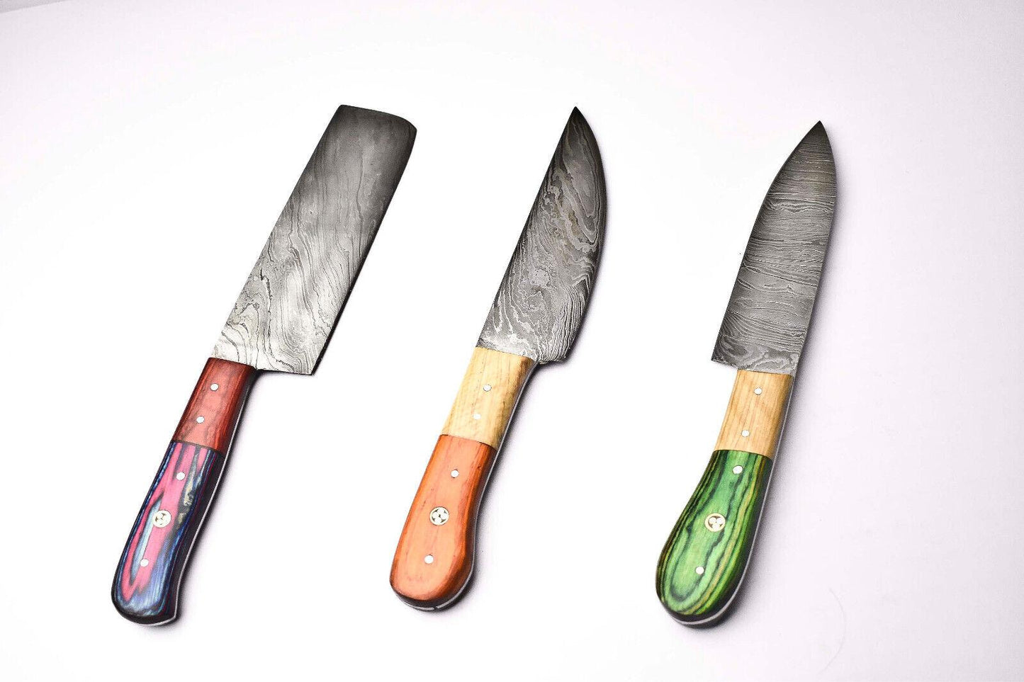 Set of 3 Handmade Custom Chef Knives Damascus Steel Knife Set With Pakka Wood Handle 
