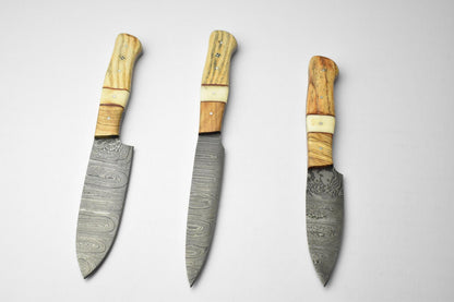 Set of 3 Handmade Damascus Knife Set Best Kitchen Knives Set for Chefs With Leather Sheath
