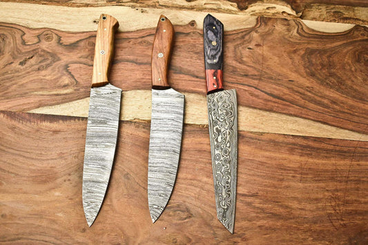 Set of 3 Handmade Damascus Steel Chef Knives – Custom Forged Kitchen Blade Collection