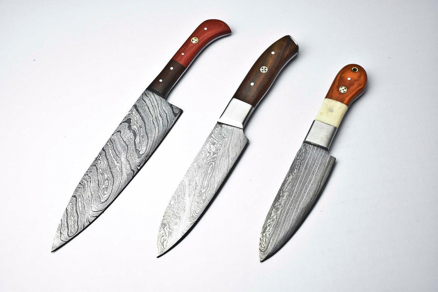 Set of 3 Handmade Damascus Steel Chef Knives – Custom Forged Kitchen Blades