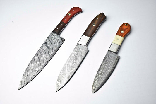Set of 3 Handmade Damascus Steel Chef Knives – Custom Forged Kitchen Blades
