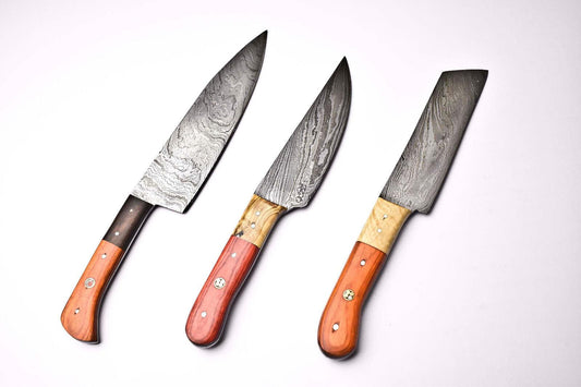 Set of 3 Handmade Damascus Steel Chef Knives – Full Tang Kitchen Cutlery