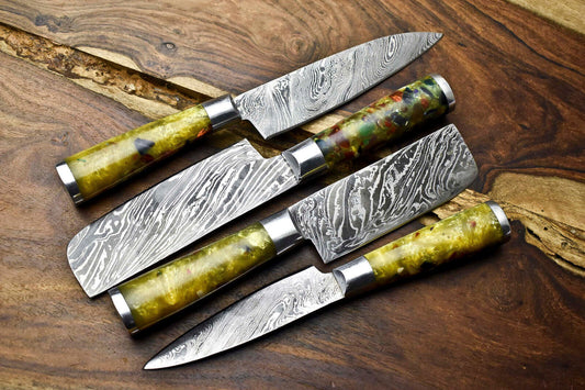 Set of 4 Artisan Handmade Damascus Steel Chef Knives – Premium Forged Kitchen Blades