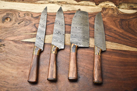 Set of 4 Handmade Damascus Steel Chef Knives – Full Tang Kitchen
