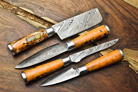 Set of 4 Handmade Damascus Steel Chef Knives – Hammered Blade, Full Tang, Razor Sharp