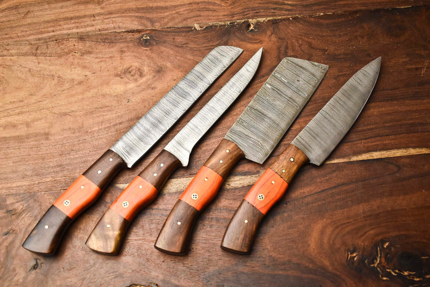 Set of 4 Handmade Damascus Steel Chef Knives – Premium Layered Damascus Blades