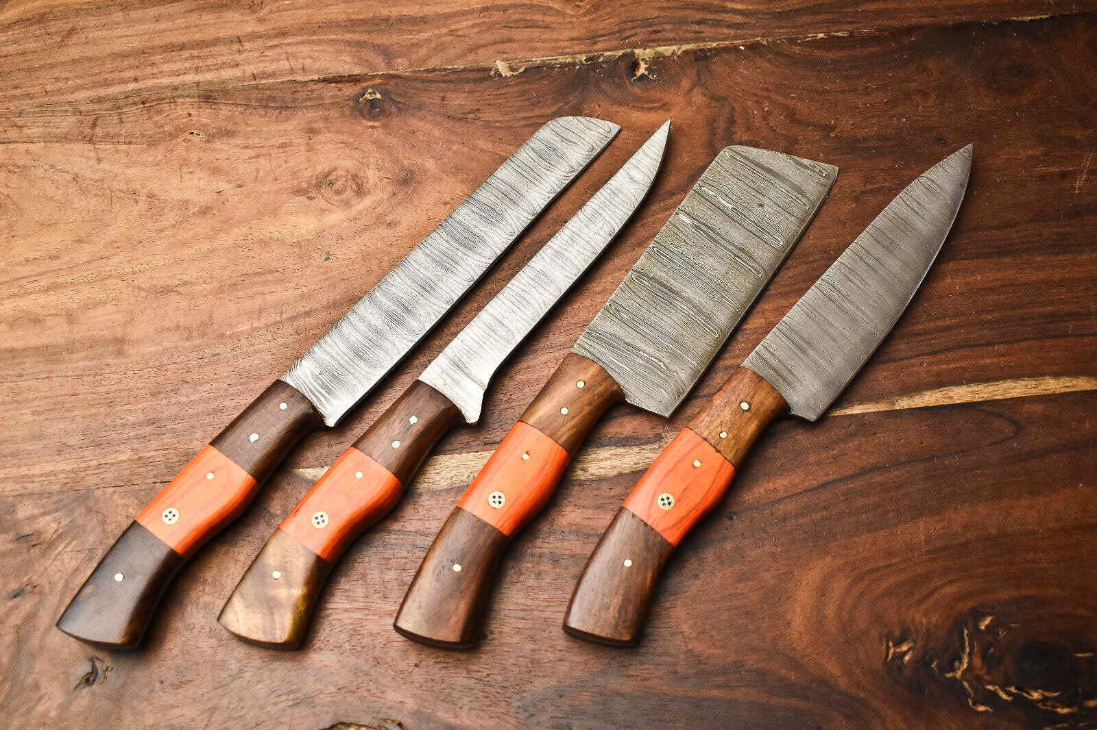 Set of 4 Handmade Damascus Steel Chef Knives – Premium Layered Damascus Blades