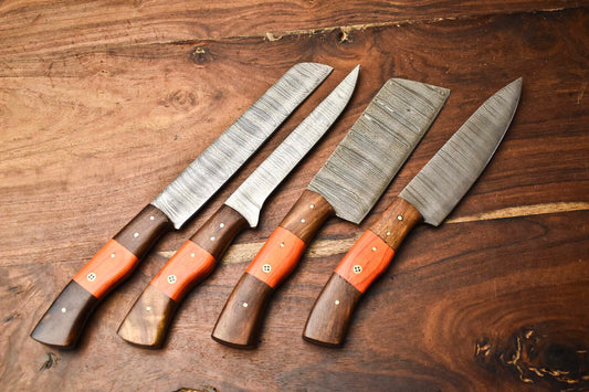 Set of 4 Handmade Damascus Steel Chef Knives – Premium Layered Damascus Blades