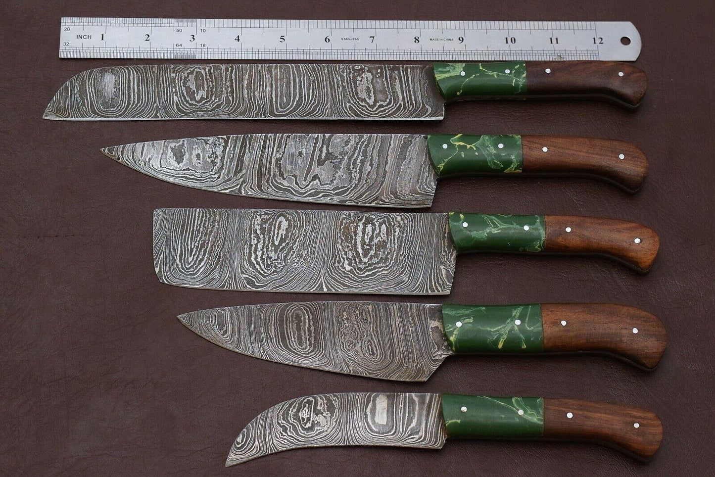 Set of 5 Custom Chef Knives Best Kitcehn Knife Set With Pakka Wood Handle & Sheath