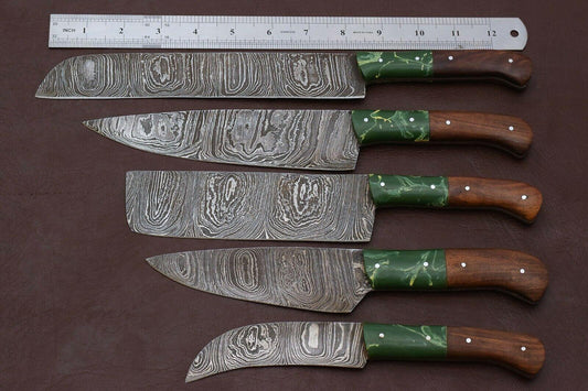 Set of 5 Custom Chef Knives Best Kitcehn Knife Set With Pakka Wood Handle & Sheath
