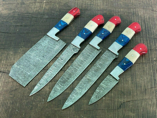Set of 5 Custom Chef Knives Best Kitchen Knives Set With Pakka Wood & Bone Handle 