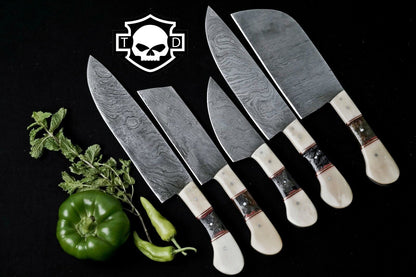 Set of 5 Custom Chef Knives Damascus Steel Knife Set for Outdoor & Survival With Sheath