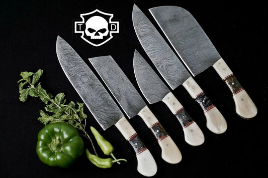 Set of 5 Custom Chef Knives Damascus Steel Knife Set for Outdoor & Survival With Sheath