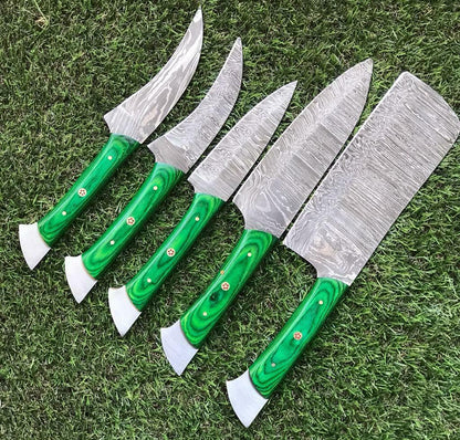 Set of 5 Custom Damascus Steel Chef Knife Set with Walnut Wood Handle & Sheath