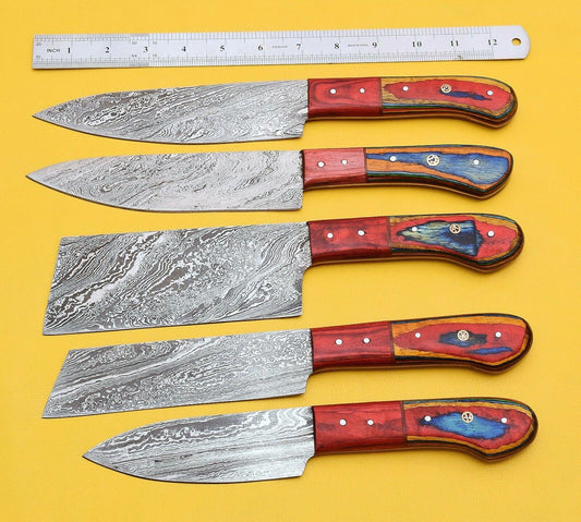 Set of 5 Custom Forged Damascus Kitchen Knife Set Chef Knives With Pakka Wood Handle 
