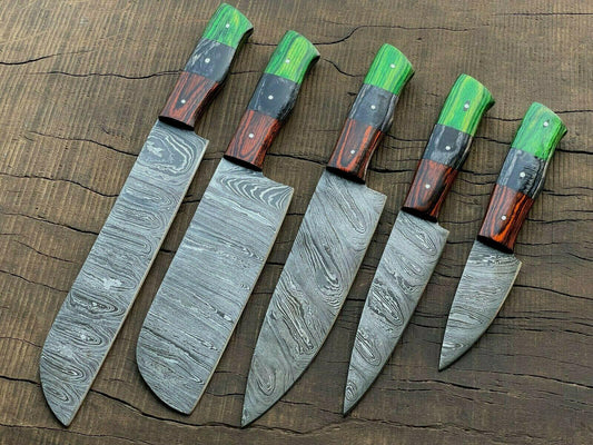 Set of 5 Custom Hand Forged Damascus Chef Knife Set With Pakka Wood Handle & Sheath