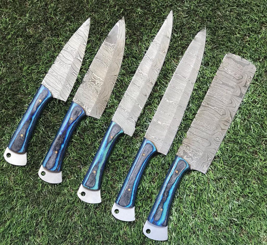 Set of 5 Custom Hand Forged Damascus Steel Chef Knife Set With Pakka Wood Handle 