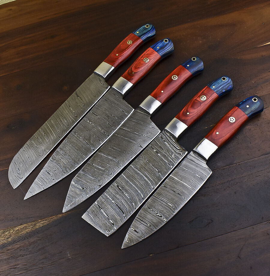 Set of 5 Custom Handmade Damascus Chef Knife Best Knife Set With Hardwood Handle