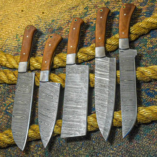 Set of 5 Custom Handmade Damascus Chef Knife Set Kitchen Knife With Burl Wood Handles 