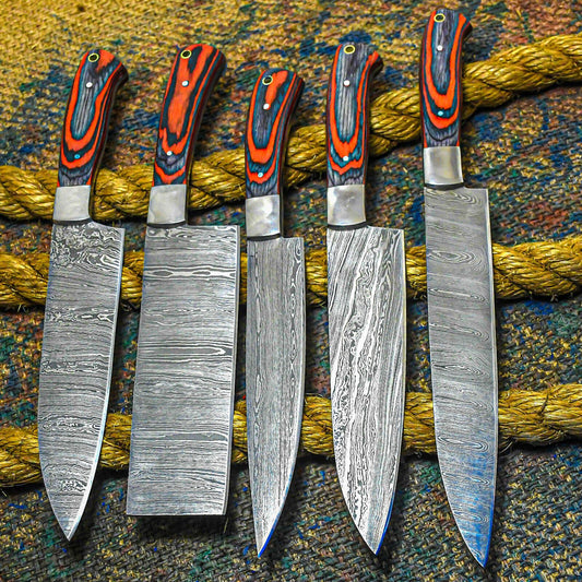 Set of 5 Custom Handmade Damascus Chef Knife Set With Colored Wood Handles & Sheath 