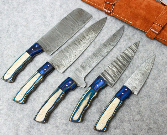 Set of 5 Custom Handmade Damascus Kitchen Knife Set Chef Knives With Leather Sheath