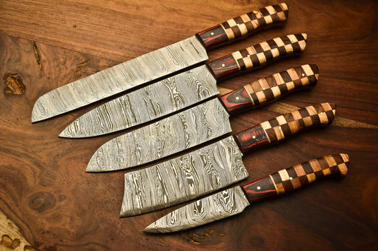 Set of 5 Custom Handmade Damascus Knife Set Forged Kitchen Knives With Leather Sheath