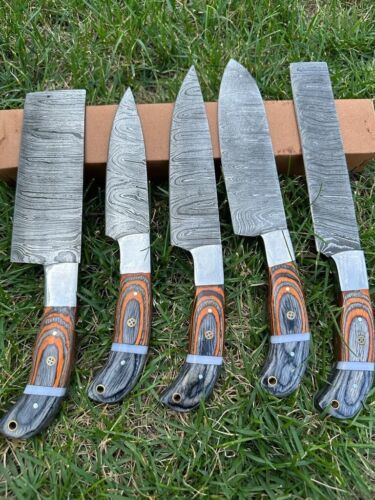 Set of 5 Custom Handmade Damascus Steel Chef Knife Set Full Tang Kitchen Knives
