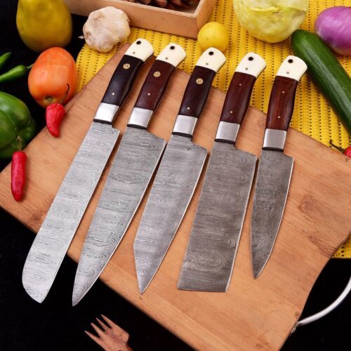 Set of 5 Custom Handmade Damascus Steel Kitchen Knife Set Full Tang Bone & Wood Handle