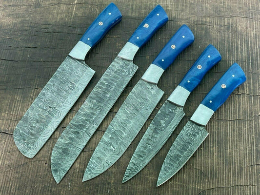 Set of 5 Custom Handmade Damascus Steel Knife Set Best Kitchen Knives Set With Sheath
