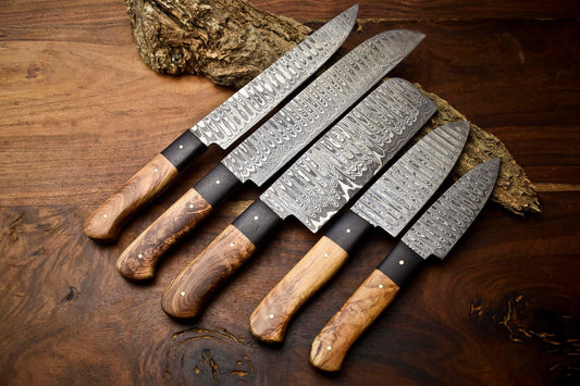 Set of 5 Custom Handmade Hammered Damascus Steel Chef Knives With Wooden Handles