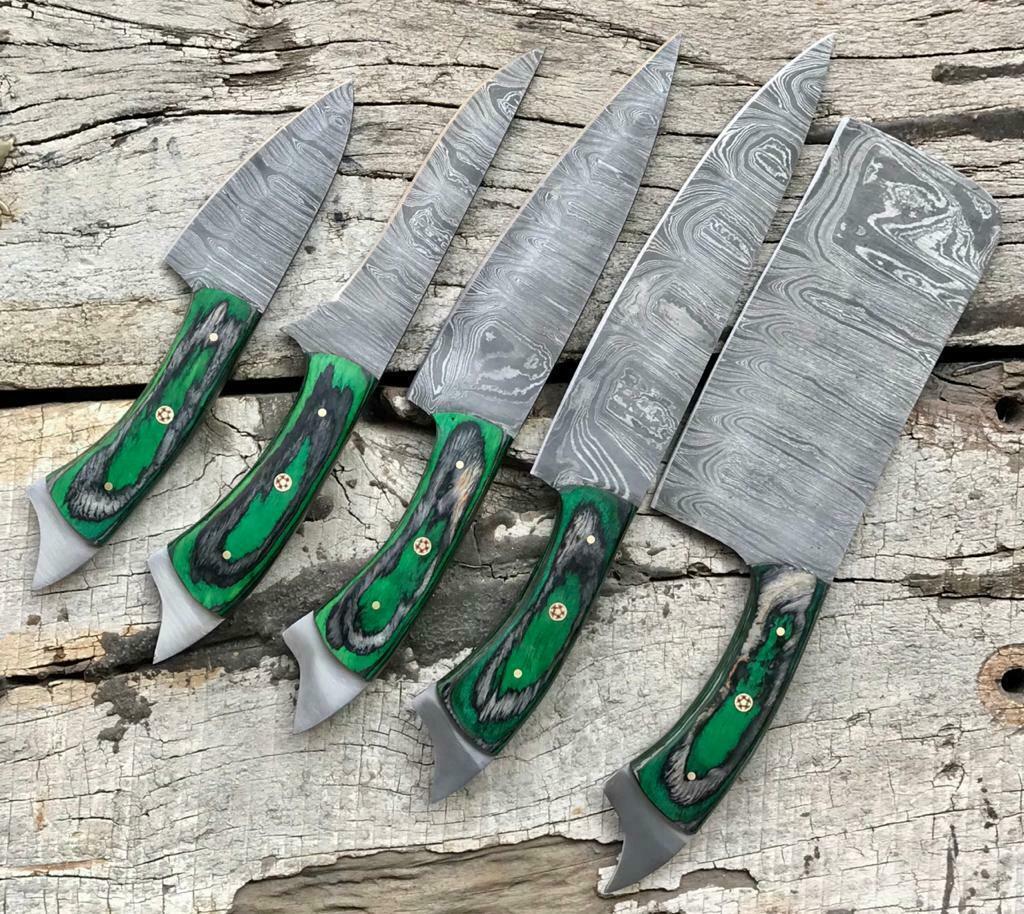Set of 5 Custom Twist Damascus Kitchen Knife Set With Pakkawood Handle & Sheath