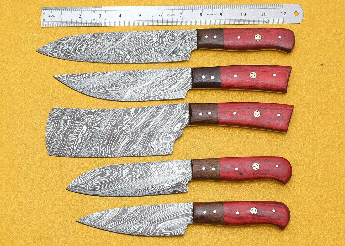 Set of 5 Damascus Kitchen Knife Set Best Knife Set with Pakka Wood Handles & Sheath