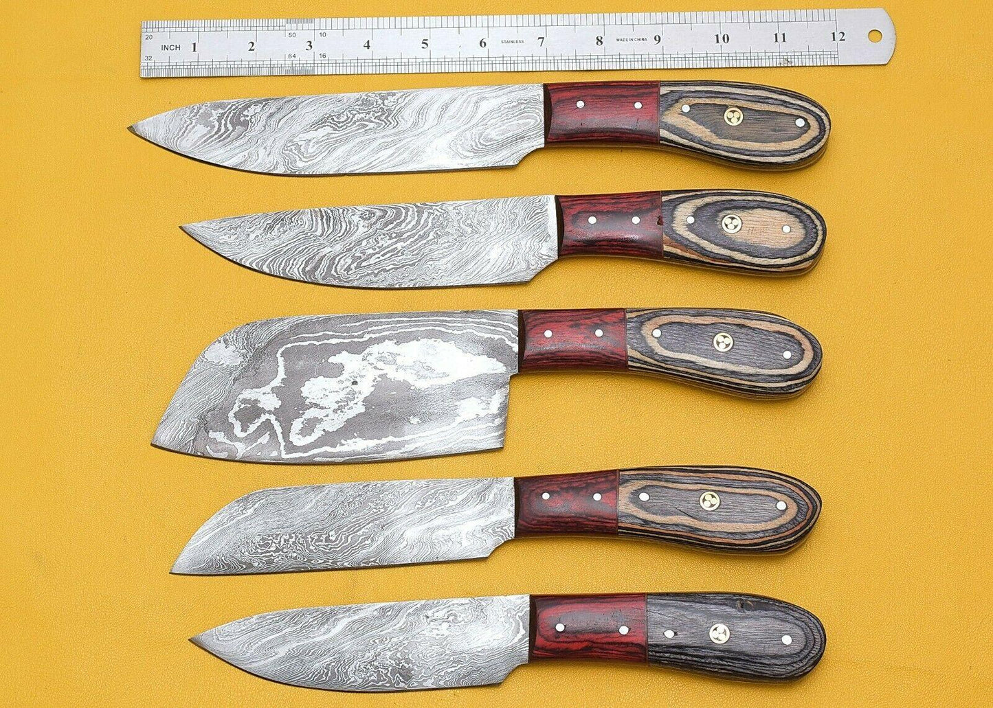 Set of 5 Damascus Kitchen Knife Set Chef Knives with Pakka Wood Handle & Leather Sheath