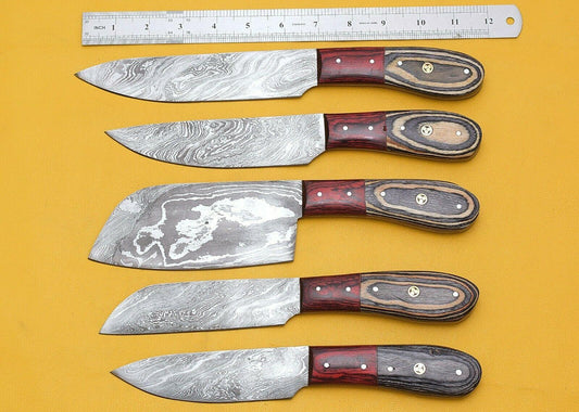 Set of 5 Damascus Kitchen Knife Set Chef Knives with Pakka Wood Handle & Leather Sheath