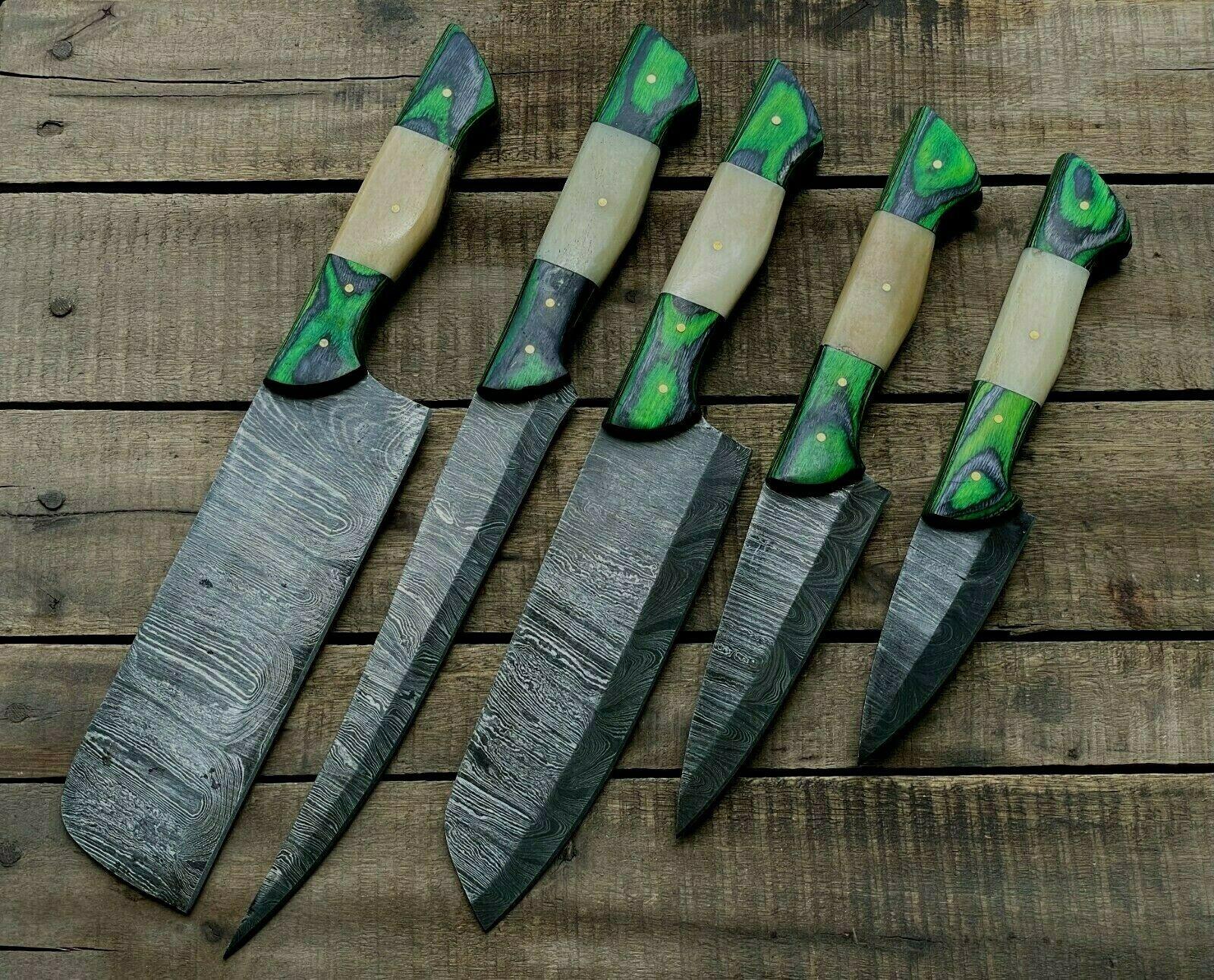Set of 5 Damascus Kitchen Knife Set Damascus Steel Knife Set With Leather Sheath