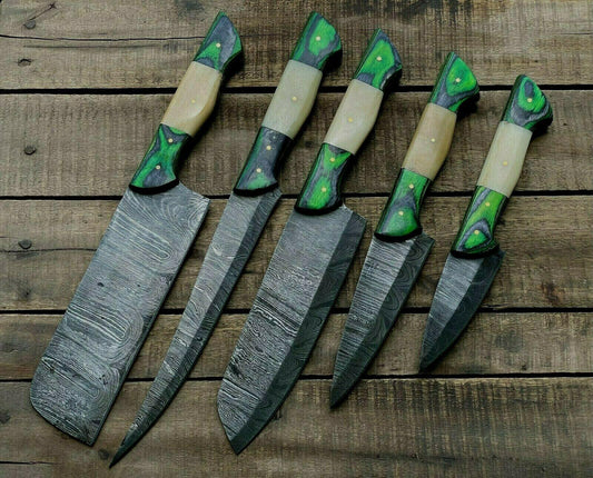 Set of 5 Damascus Kitchen Knife Set Damascus Steel Knife Set With Leather Sheath