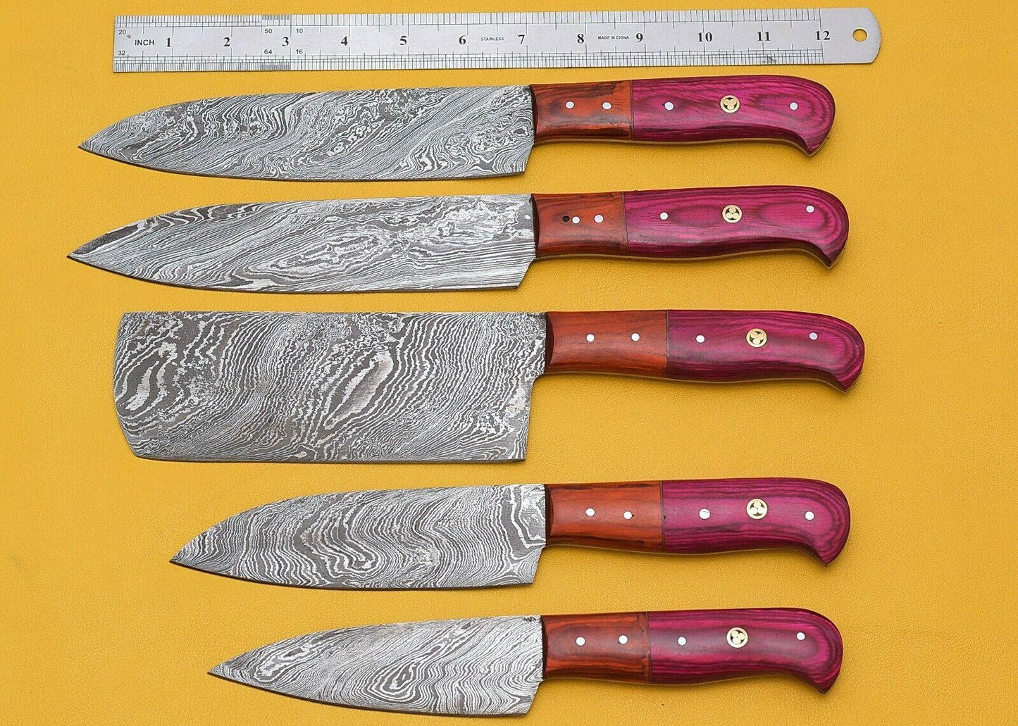 Set of 5 Damascus Kitchen Knife Set Damascus Steel Knife Set With Pakka Wood Handle