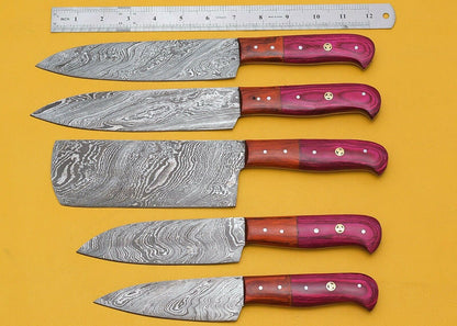 Set of 5 Damascus Kitchen Knife Set Damascus Steel Knife Set With Pakka Wood Handle