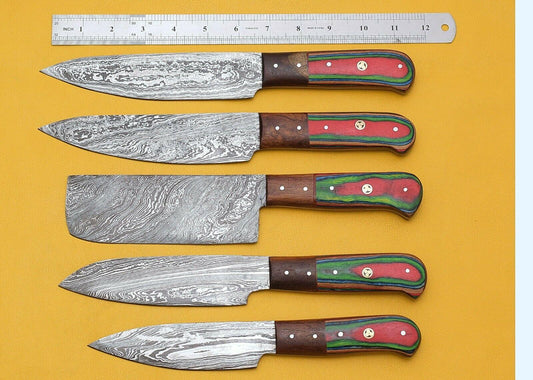 Set of 5 Damascus Kitchen Knife Set Damascus Steel Knife Set with Color Wood Handles